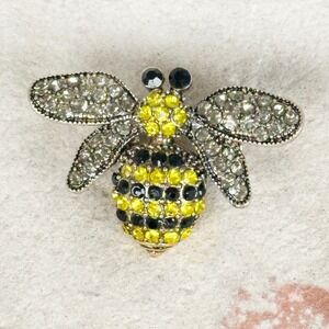 Vintage Silver-Tone Pavé Rhinestone Bumble Bee Brooch Yellow Black Stripes